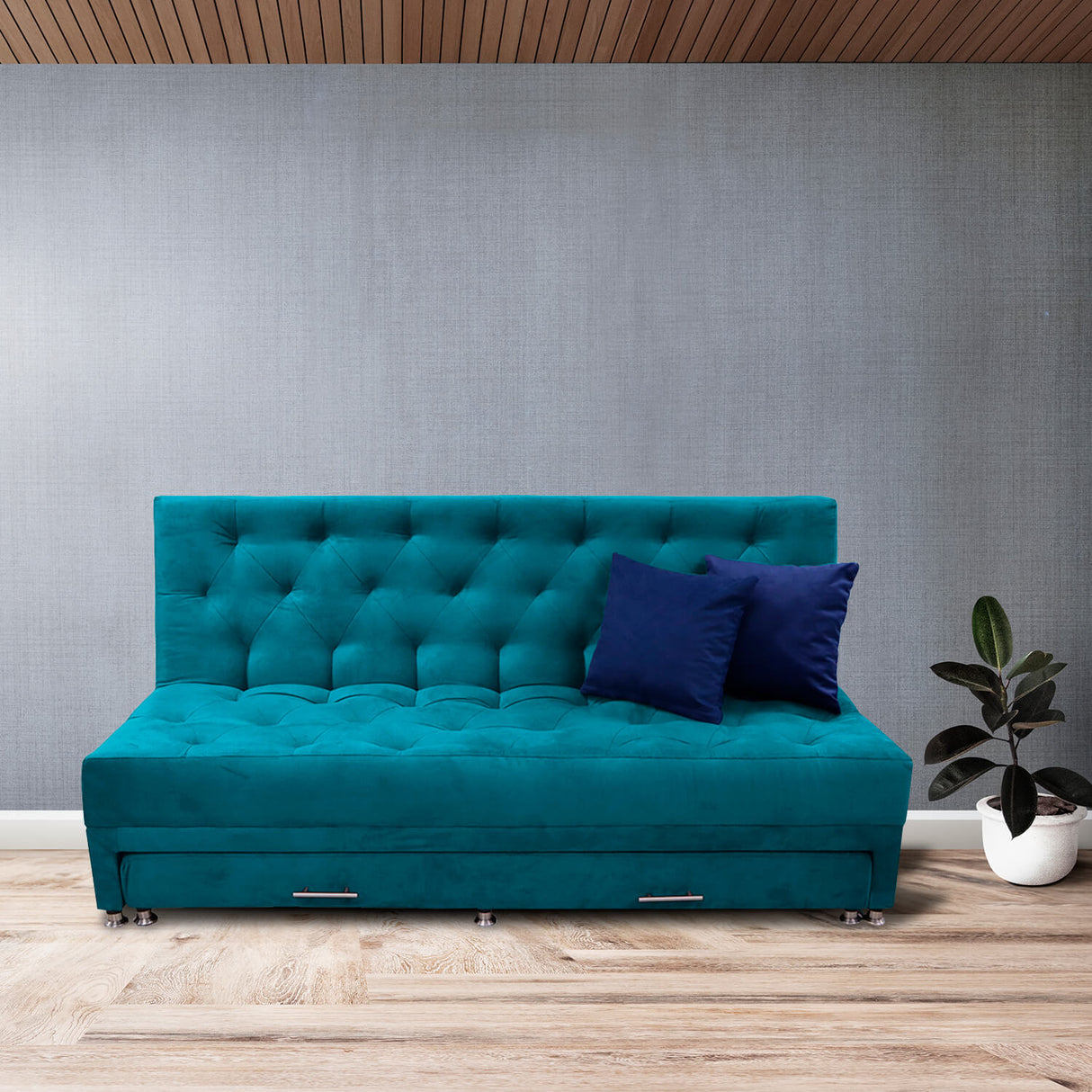 Sofá Cama Rossier Nido Azul Turquesa 190x40cm De Tres Puestos Reclinable Antifluido con Dos Cojines Decorativos - SOFAS Y POLTRONAS | Bylmo