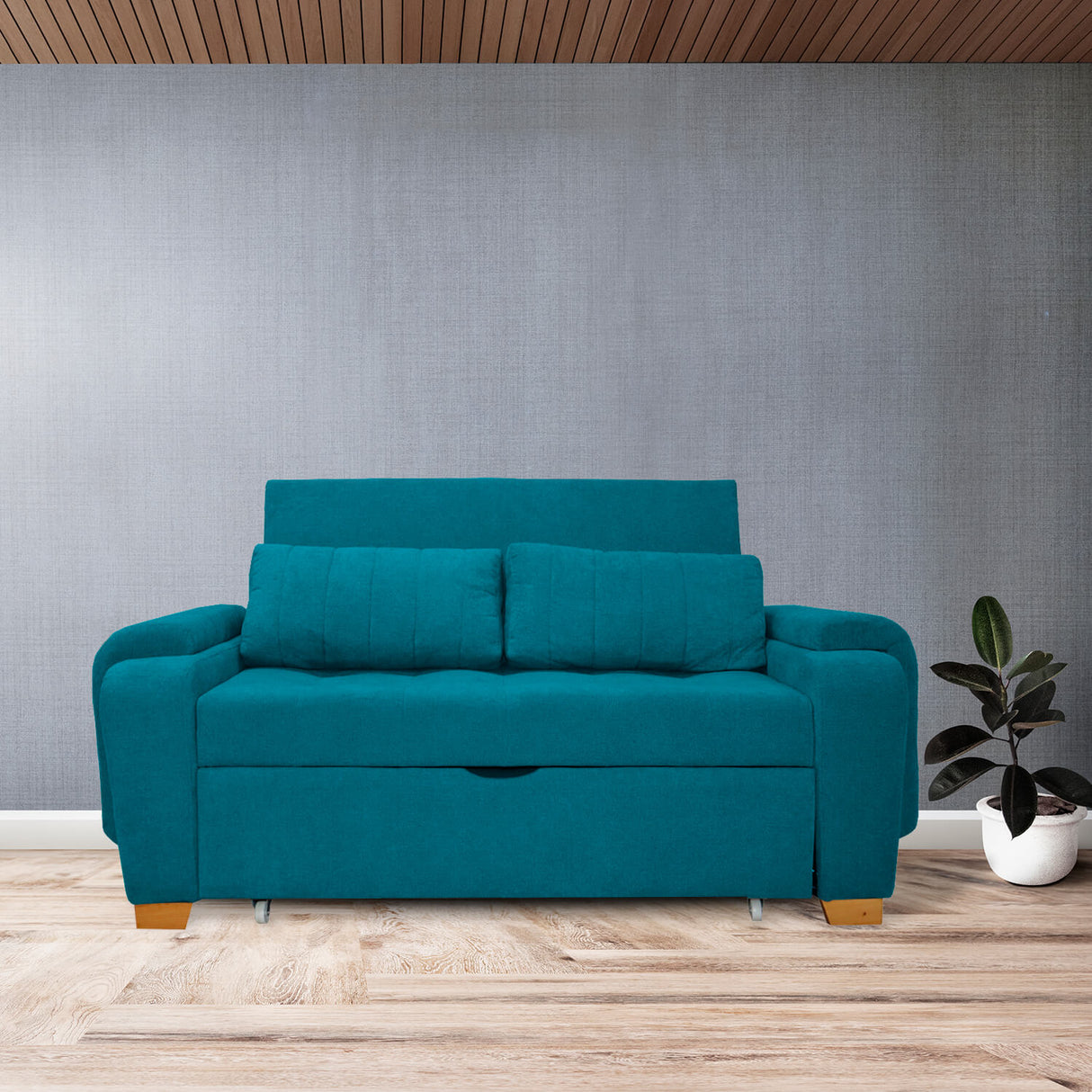 Sofá Cama Stauffer Azul Turquesa 180x60cm De Tres Puestos Reclinable Antifluido con Dos Cojines Decorativos - SOFAS Y POLTRONAS | Bylmo
