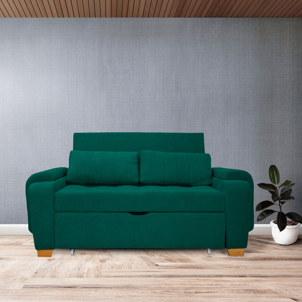 Sofá Cama Stauffer Verde 180x60cm De Tres Puestos Reclinable Antifluido con Dos Cojines Decorativos - SOFAS Y POLTRONAS | Bylmo
