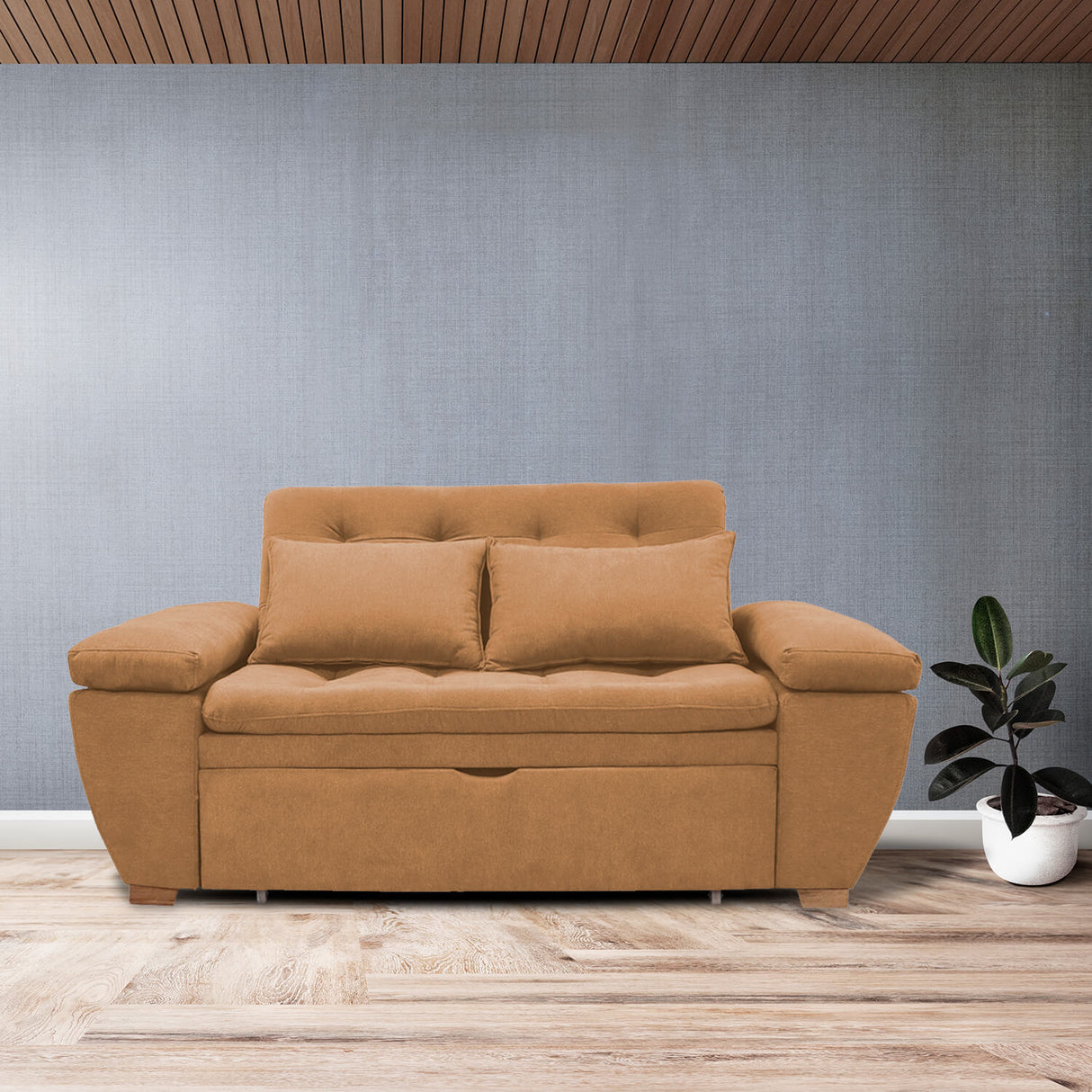 Sofá Cama Magnin Camel 180x60cm De Tres Puestos Reclinable Antifluido con Dos Cojines Decorativos - SOFAS Y POLTRONAS | Bylmo