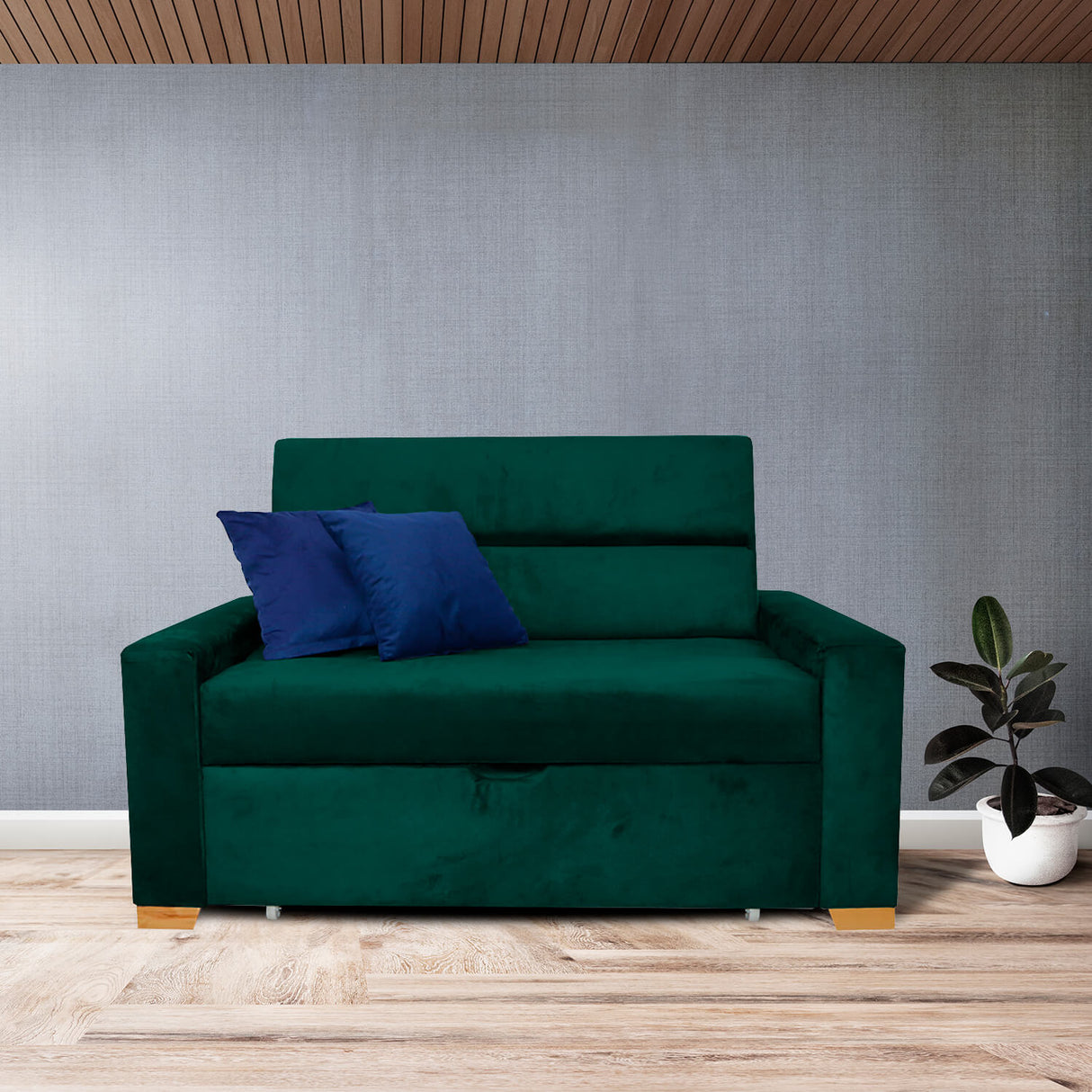 Sofá Cama Aubry Verde 150x60cm De Dos Puestos Reclinable Antifluido con Dos Cojines Decorativos - SOFAS Y POLTRONAS | Bylmo