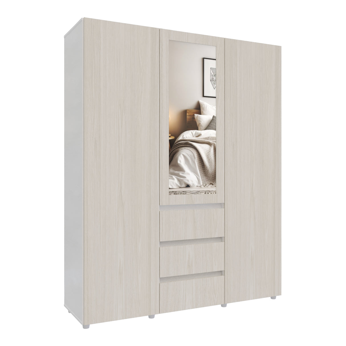 Closet Java Niebla y Blanco 160x200cm con Tres Cajones con Cinco Compartimientos y con Espejo - CLOSETS | Bylmo