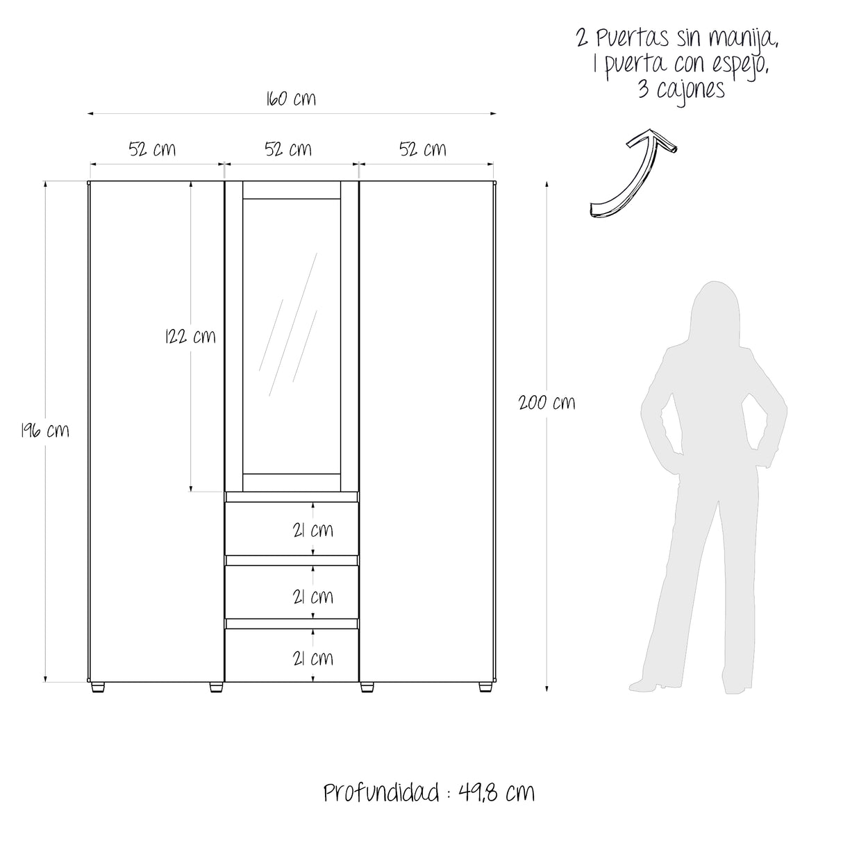 Closet Java Rovere y Blanco 160x200cm con Tres Cajones con Cinco Compartimientos y con Espejo - CLOSETS | Bylmo