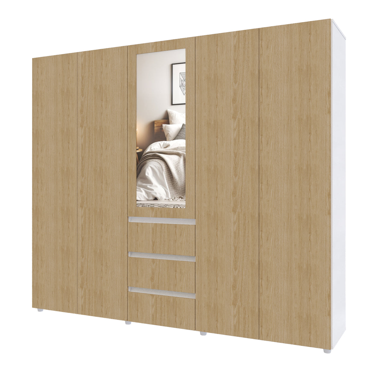 Closet Java Rovere y Blanco 230x200cm con Tres Cajones con Cinco Compartimientos y con Espejo - CLOSETS | Bylmo