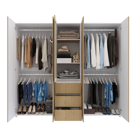 Closet Java Rovere y Blanco 230x200cm con Tres Cajones con Cinco Compartimientos y con Espejo - CLOSETS | Bylmo