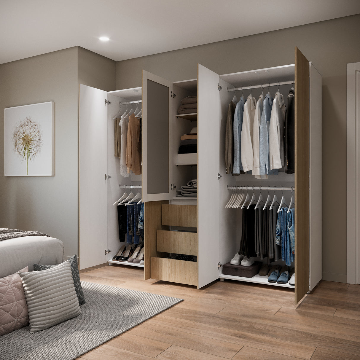 Closet Java Rovere y Blanco 230x200cm con Tres Cajones con Cinco Compartimientos y con Espejo - CLOSETS | Bylmo