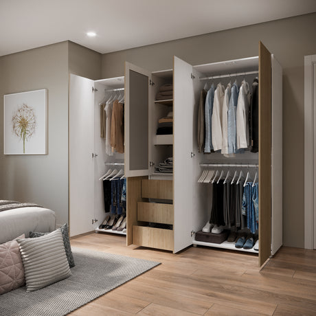 Closet Java Rovere y Blanco 230x200cm con Tres Cajones con Cinco Compartimientos y con Espejo - CLOSETS | Bylmo