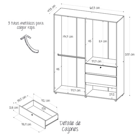Closet Luanda Niebla y Blanco 160x200cm con Dos Cajones con Tres Compartimientos y con Espejo - CLOSETS | Bylmo