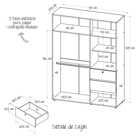 Closet Riga Niebla y Blanco 150x200cm con Dos Cajones y con Seis Compartimientos - CLOSETS | Bylmo