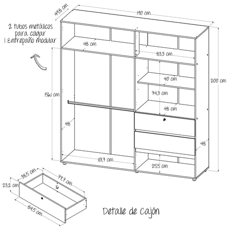 Closet Riga Niebla y Blanco 190x200cm con Dos Cajones y con Seis Compartimientos - CLOSETS | Bylmo