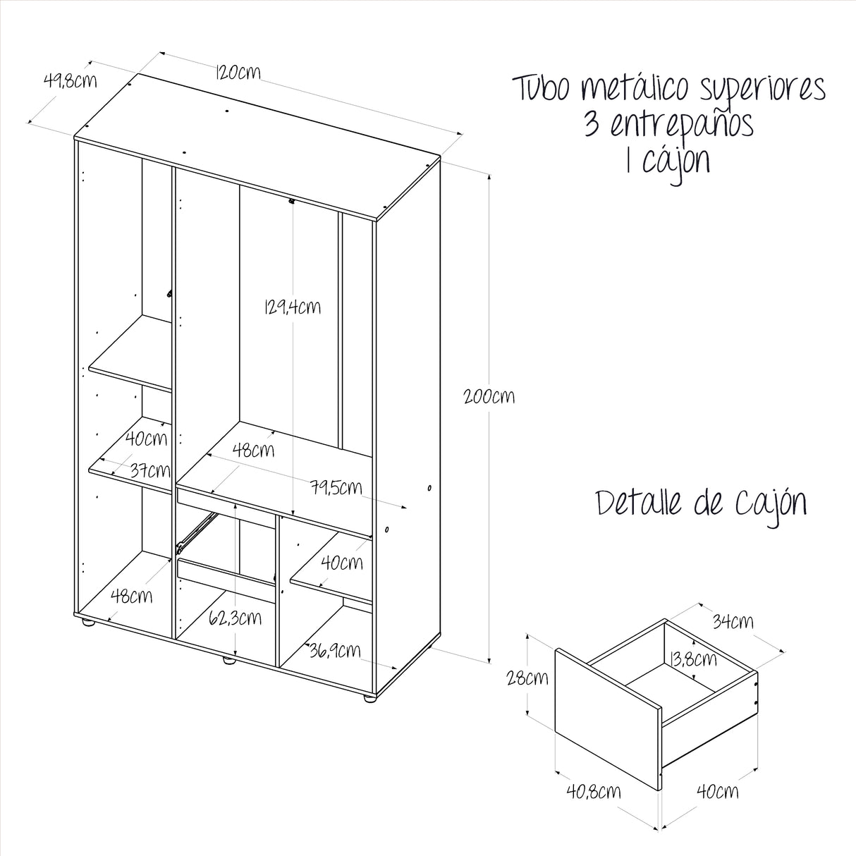 Closet Lemnos Niebla y Blanco 120x200cm con Un Cajón y con Siete Compartimientos - CLOSETS | Bylmo