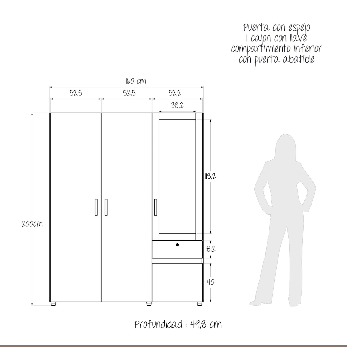 Closet Perla Niebla y Blanco 160x200cm con Un Cajón con Seis Compartimientos y con Espejo - CLOSETS | Bylmo