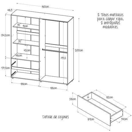 Closet Malabo Duna y Blanco 180x200cm con Dos Cajones y con Tres Compartimientos - CLOSETS | Bylmo