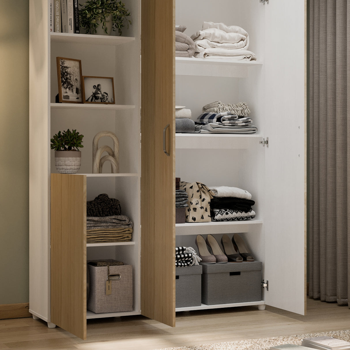 Closet Jazmin Blanco y Rovere 140x200cm sin Cajones y con Nueve Compartimientos - CLOSETS | Bylmo