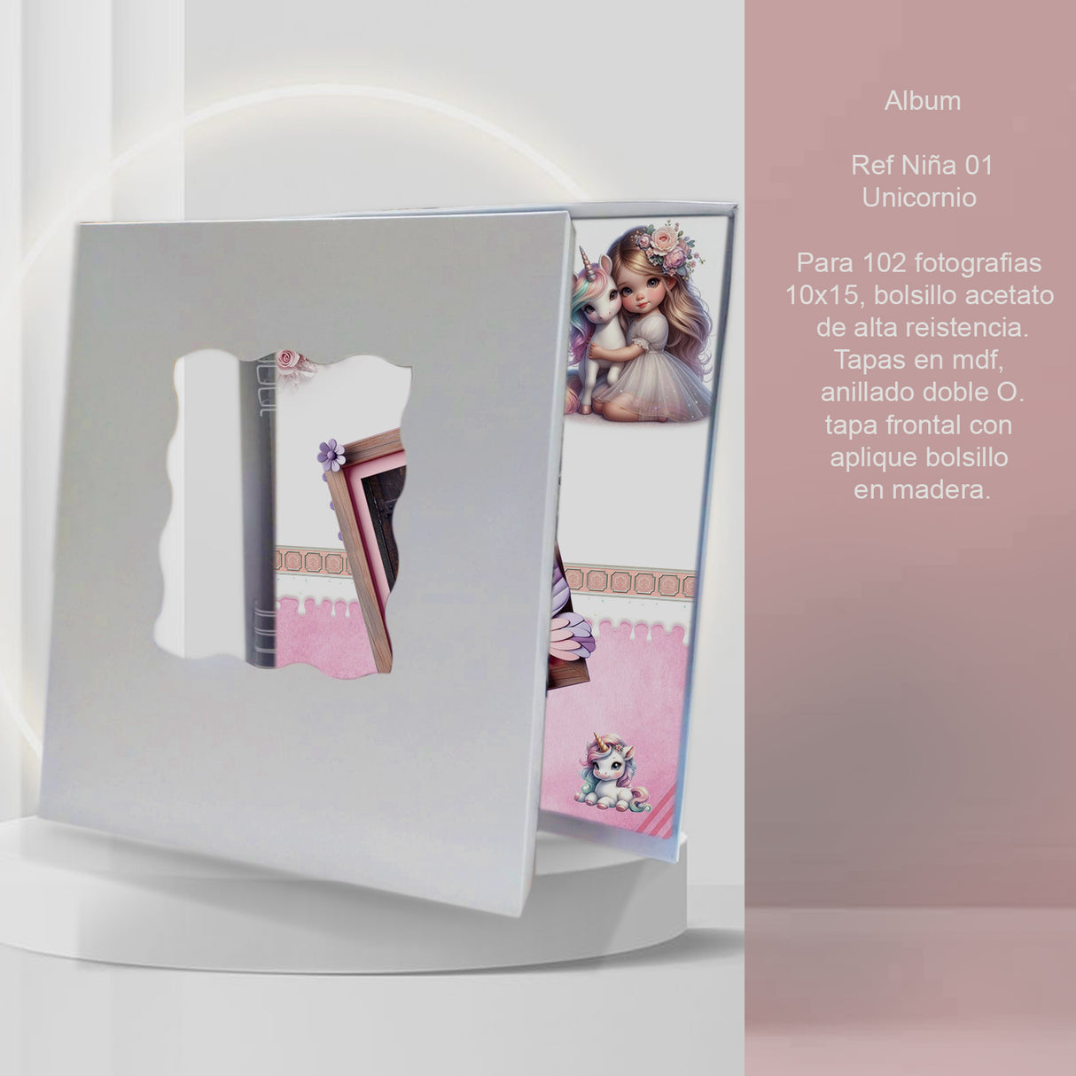 Álbum de Fotos Niña Unicornio Blanco y Rosado 24x32cm Argollado de Veinte Páginas - ALBUMES DE FOTOS | Bylmo