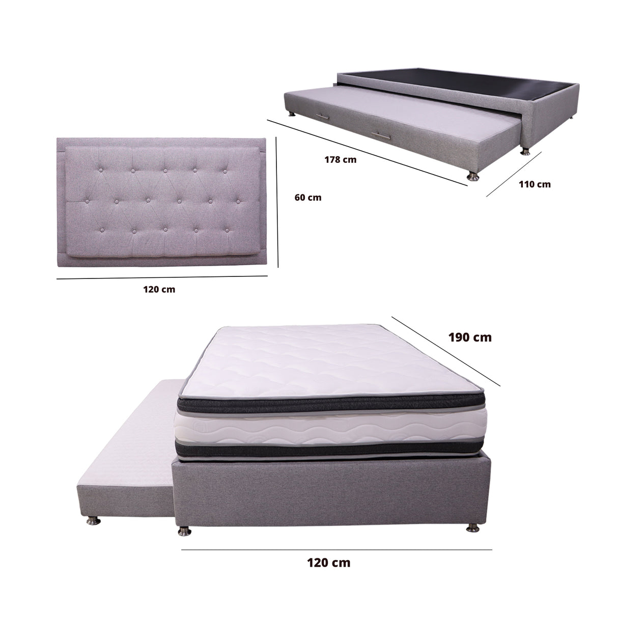 Cama Tarima Nido Blaser Gris Semidoble 120 X 190 Cm con Colchón con Almohada y con Cabecero - CAMAS | Bylmo
