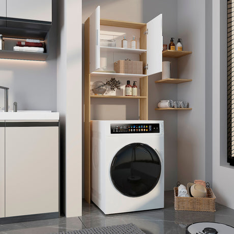 Ahorrador de Espacio Spencer Blanco y Fresno Europeo 69.6x200cm para Lavadora con Patas - MUEBLES DE ASEO Y ROPAS | Bylmo