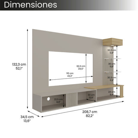 Panel de TV Isolde Capri y Fresno 208.7x132.2cm para TV Hasta 65" Pulgadas con Seis Compartimientos - MUEBLES DE TV | Bylmo