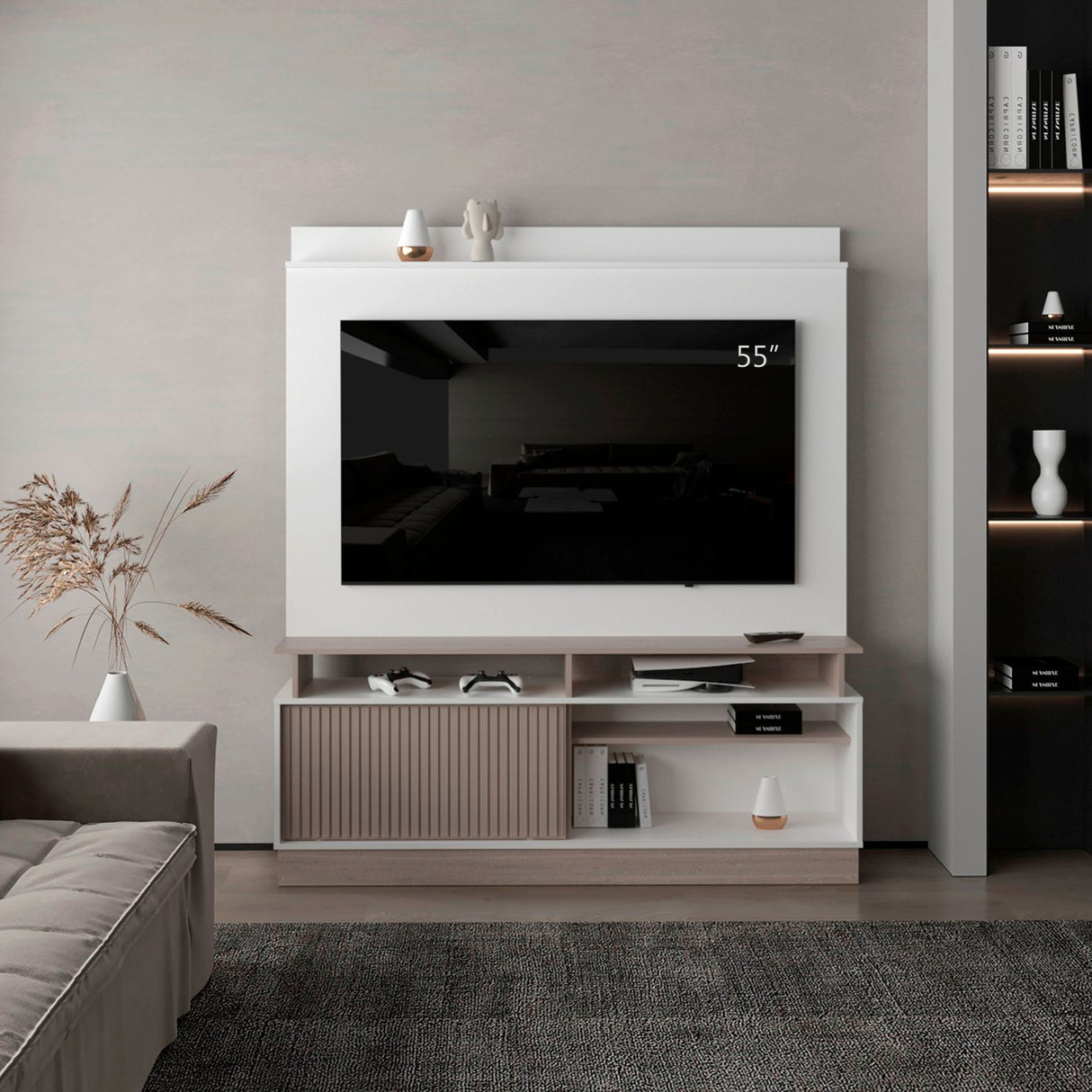 Rack de TV Thun Blanco y Bardolino 160x182.5cm para TV Hasta 70" Pulgadas con Siete Compartimientos - MUEBLES DE TV | Bylmo