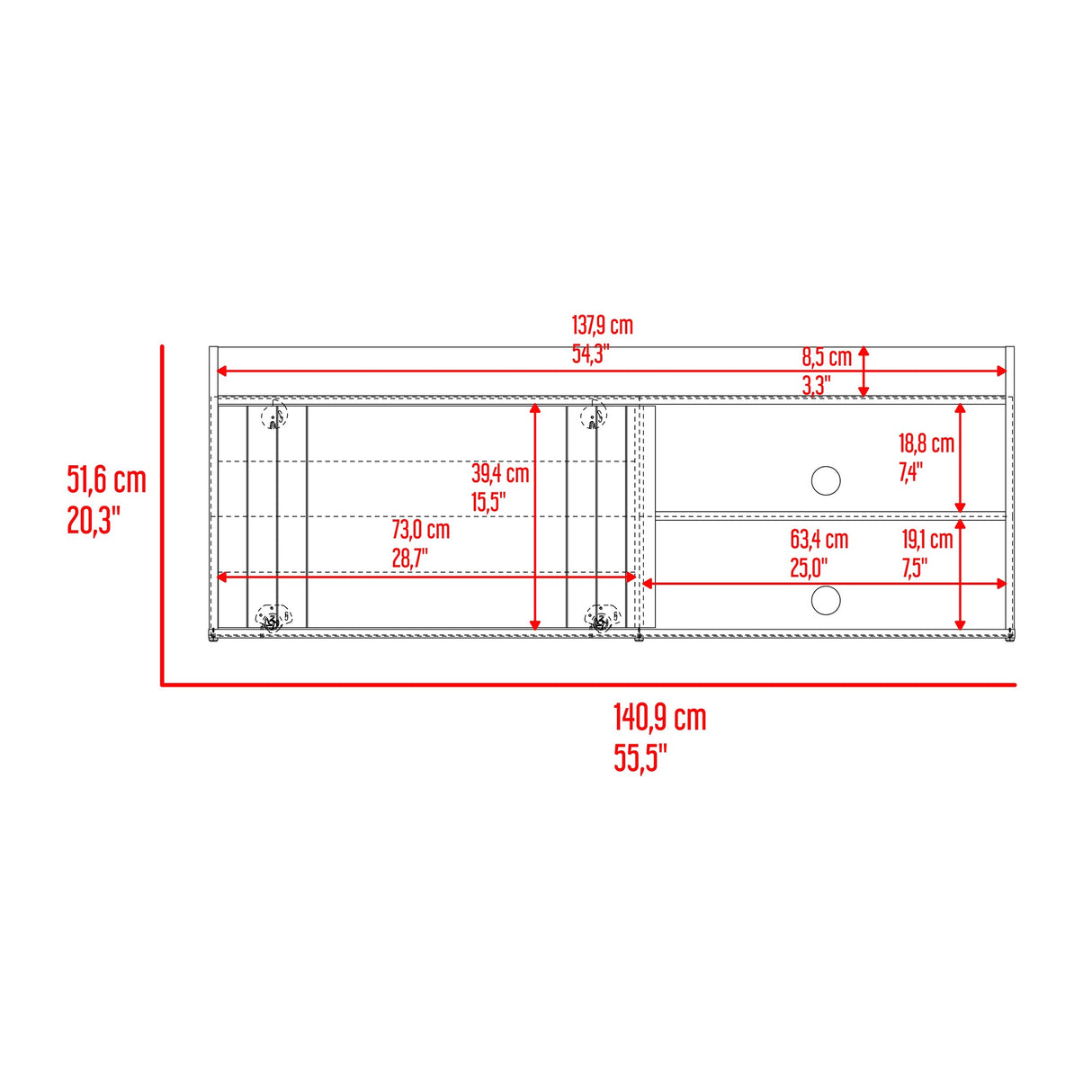Mesa para TV Cuera Capri y Wengue 141.1x51.6cm para TV Hasta 60" Pulgadas con Cuatro Compartimientos - MUEBLES DE TV | Bylmo