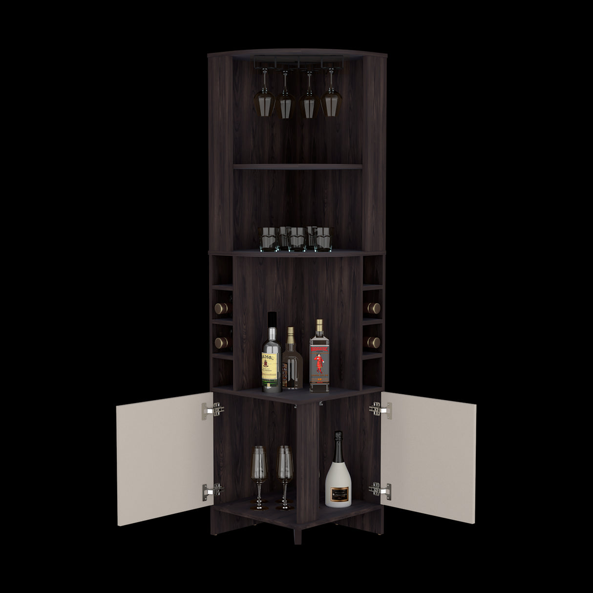 Bar Esquinero Renens Nogal 46.9x180.6cm con Siete Compartimientos con Un Portacopas y con Ocho Portabotellas - BARES | Bylmo