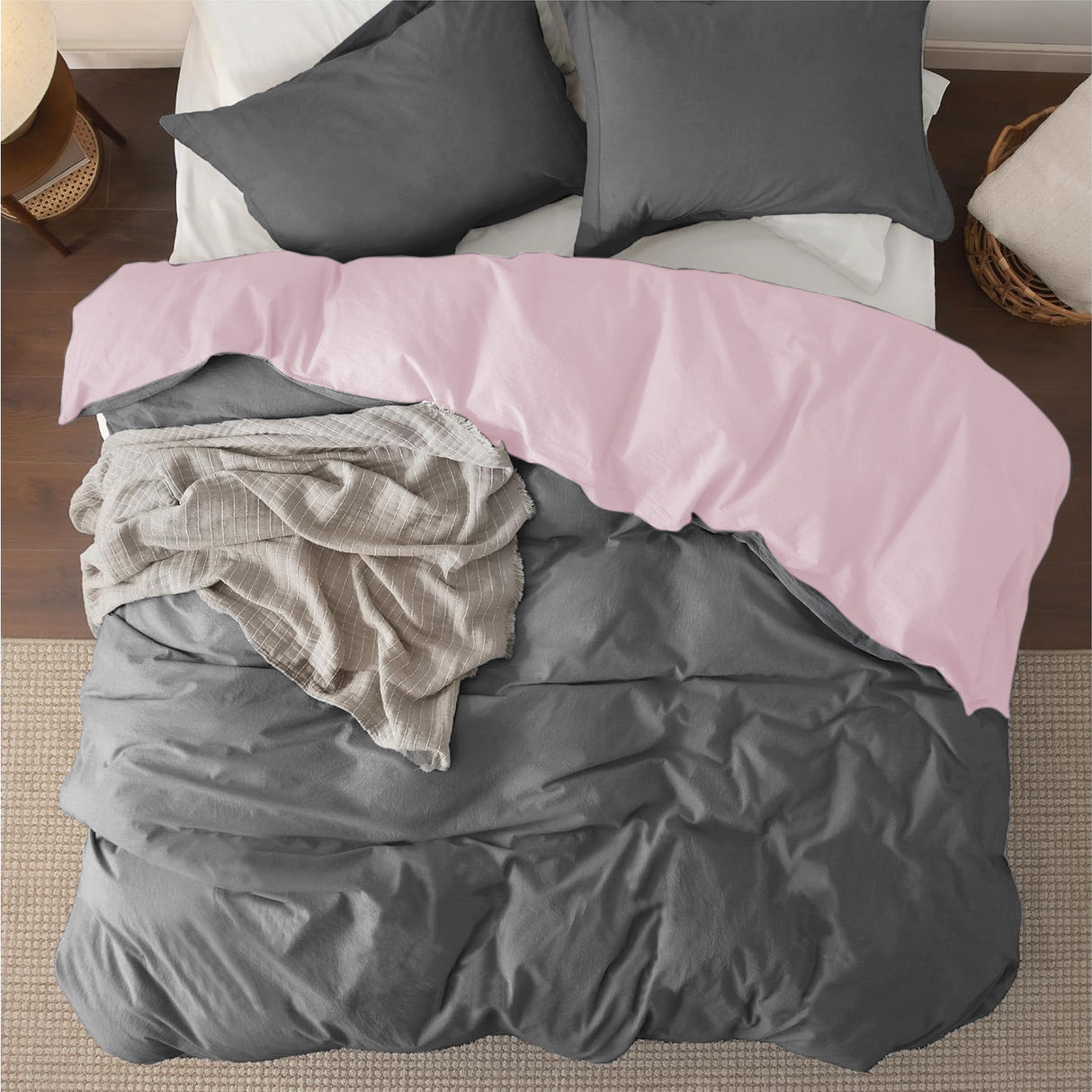 Funda de Duvet Bicolor Rosado y Gris 240x240cm Doble Faz para Cama Queen - TENDIDOS Y CUBRELECHOS | Bylmo