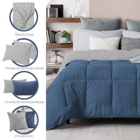 Combo Edredón Acolchado Bicolor Azul Oscuro y Gris Claro 280x240cm Doble Faz para Cama King - TENDIDOS Y CUBRELECHOS | Bylmo