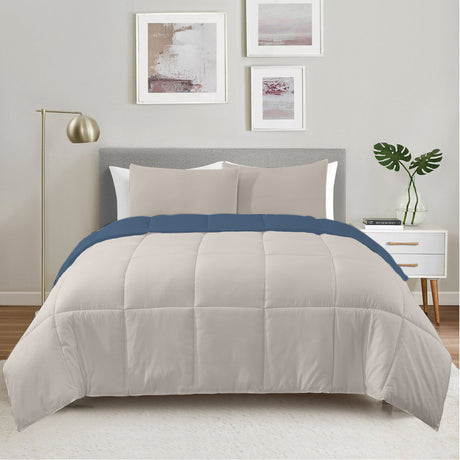 Combo Edredón Acolchado Bicolor Azul Oscuro y Gris Claro 280x240cm Doble Faz para Cama King - TENDIDOS Y CUBRELECHOS | Bylmo