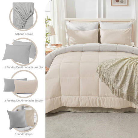 Combo Edredón Acolchado Bicolor Beige y Gris Claro 200x240cm Doble Faz para Cama Semidoble - TENDIDOS Y CUBRELECHOS | Bylmo