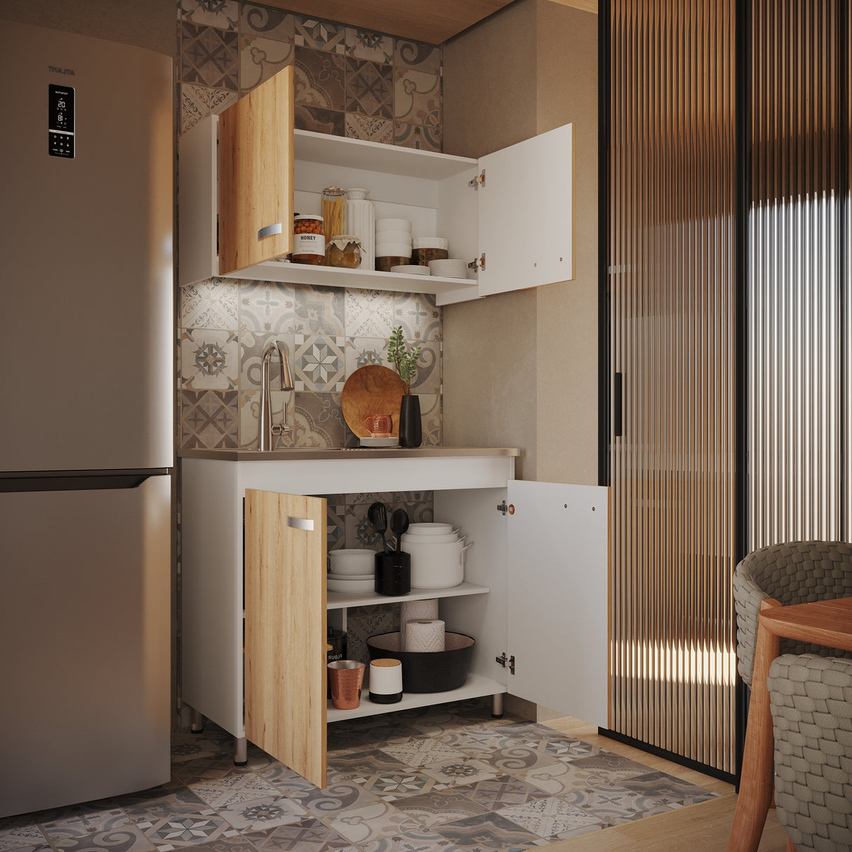 Cocina Integral Freya Blanco y Duna 100x32cm con Mesón de Acero Inoxidable para Lado Izquierdo y sin Estufa - COCINAS | Bylmo