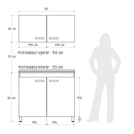 Cocina Integral Freya Blanco y Duna 100x32cm con Mesón de Acero Inoxidable para Lado Izquierdo y sin Estufa - COCINAS | Bylmo