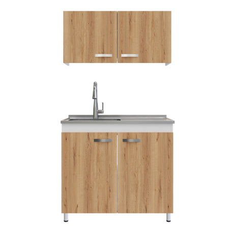 Cocina Integral Freya Blanco y Duna 100x32cm con Mesón de Acero Inoxidable para Lado Izquierdo y sin Estufa - COCINAS | Bylmo