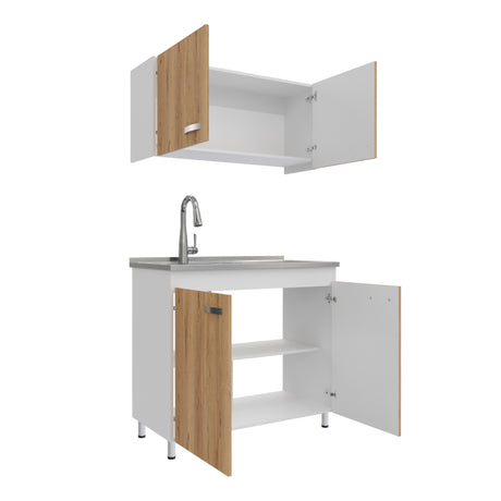 Cocina Integral Freya Blanco y Duna 100x32cm con Mesón de Acero Inoxidable para Lado Izquierdo y sin Estufa - COCINAS | Bylmo