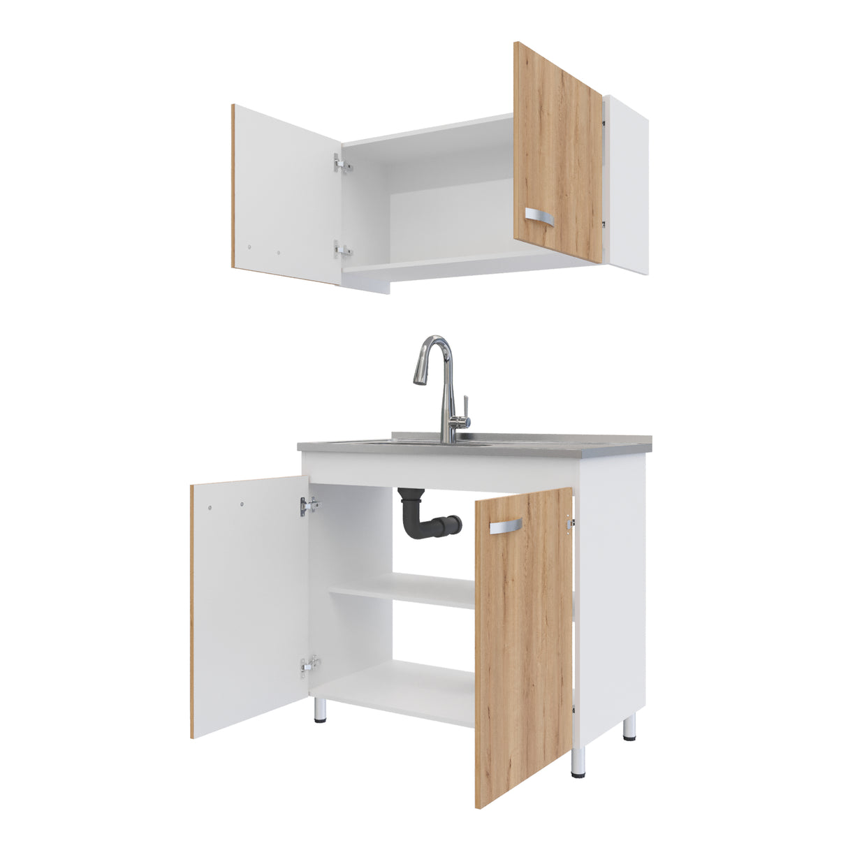 Cocina Integral Freya Blanco y Duna 100x32cm con Mesón de Acero Inoxidable para Lado Izquierdo y sin Estufa - COCINAS | Bylmo