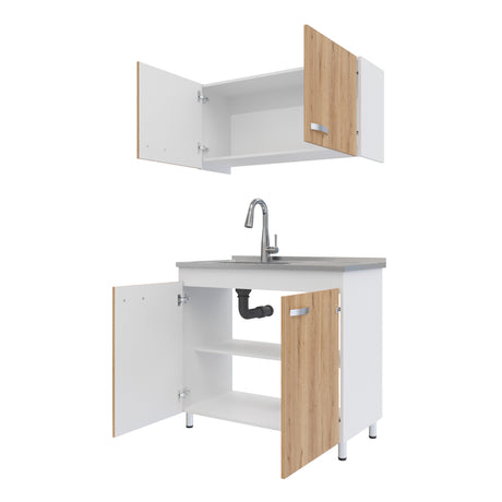 Cocina Integral Freya Blanco y Duna 100x32cm con Mesón de Acero Inoxidable para Lado Izquierdo y sin Estufa - COCINAS | Bylmo