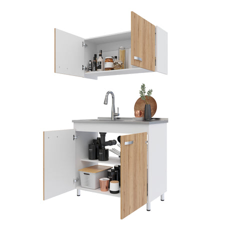 Cocina Integral Freya Blanco y Duna 100x32cm con Mesón de Acero Inoxidable para Lado Izquierdo y sin Estufa - COCINAS | Bylmo