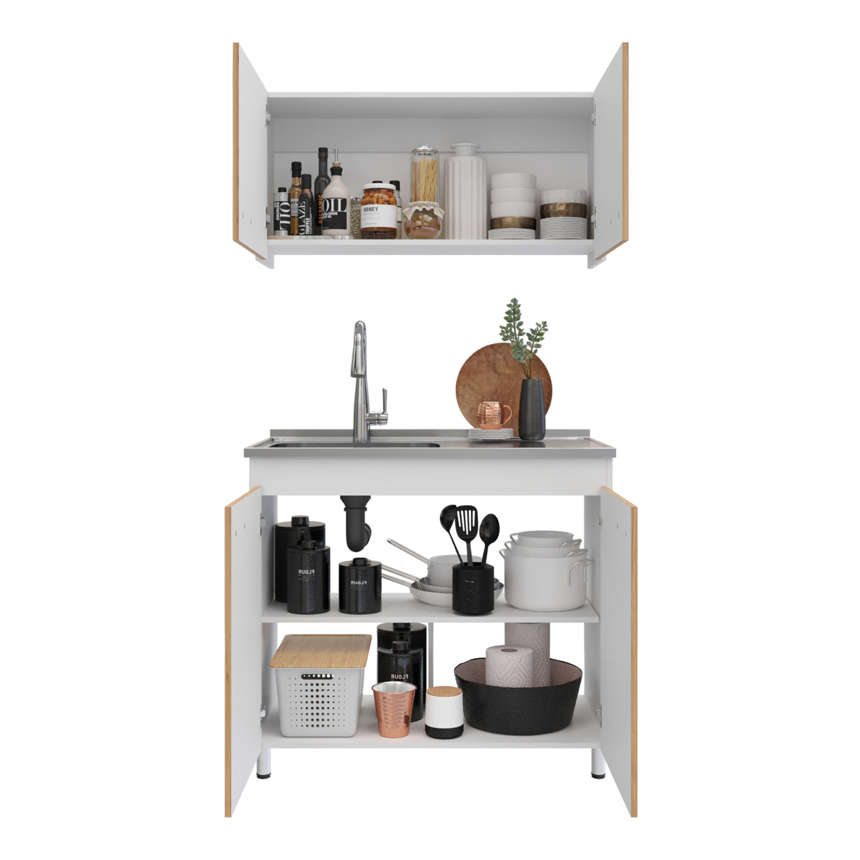 Cocina Integral Freya Blanco y Duna 100x32cm con Mesón de Acero Inoxidable para Lado Izquierdo y sin Estufa - COCINAS | Bylmo