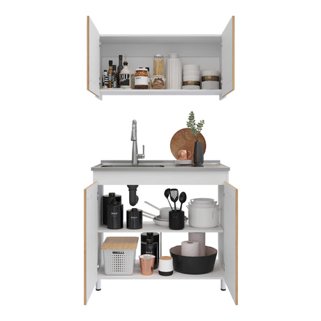 Cocina Integral Freya Blanco y Duna 100x32cm con Mesón de Acero Inoxidable para Lado Izquierdo y sin Estufa - COCINAS | Bylmo