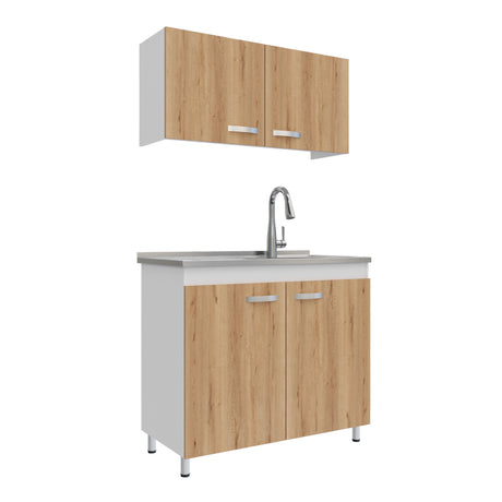 Cocina Integral Freya Blanco y Duna 100x32cm con Mesón de Acero Inoxidable para Lado Derecho y sin Estufa - COCINAS | Bylmo