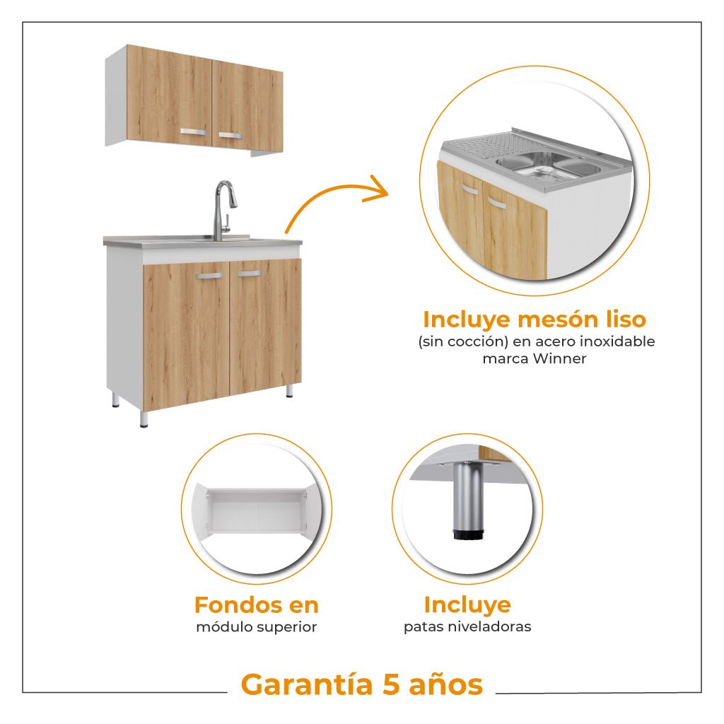 Cocina Integral Freya Blanco y Duna 100x32cm con Mesón de Acero Inoxidable para Lado Derecho y sin Estufa - COCINAS | Bylmo