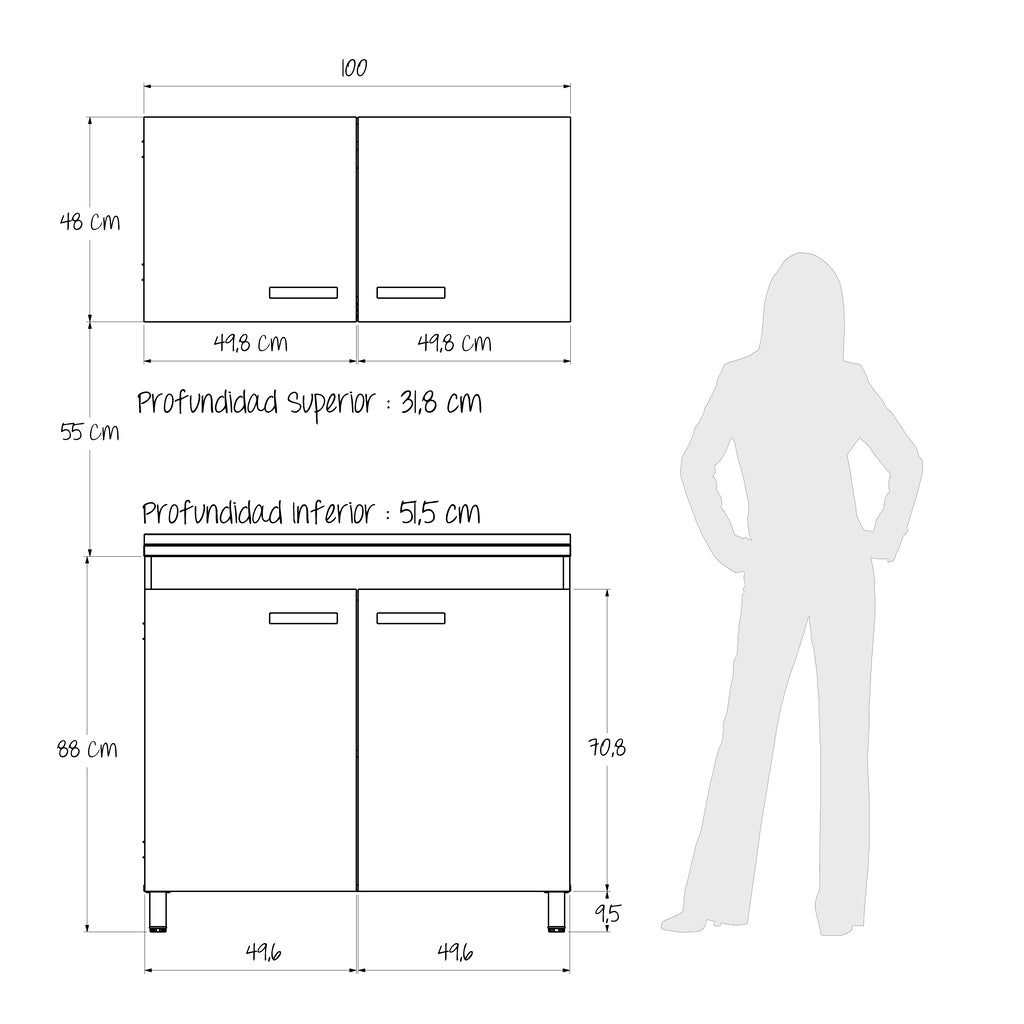 Cocina Integral Freya Blanco y Duna 100x32cm con Mesón de Acero Inoxidable para Lado Derecho y sin Estufa - COCINAS | Bylmo