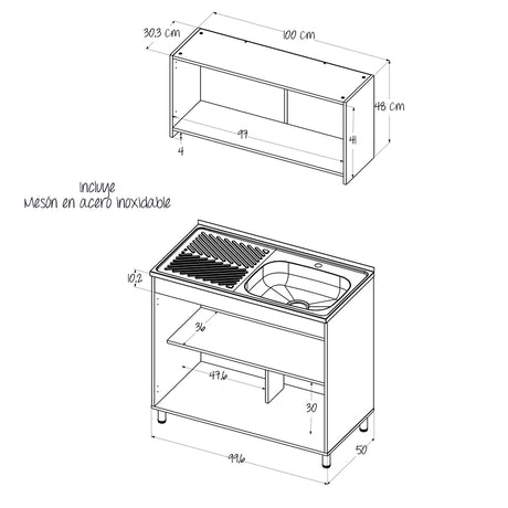 Cocina Integral Freya Blanco y Duna 100x32cm con Mesón de Acero Inoxidable para Lado Derecho y sin Estufa - COCINAS | Bylmo