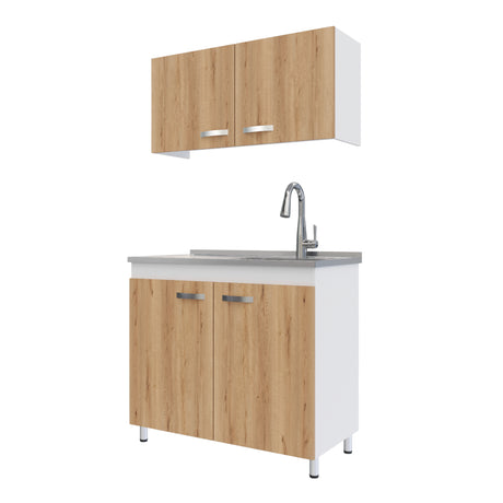 Cocina Integral Freya Blanco y Duna 100x32cm con Mesón de Acero Inoxidable para Lado Derecho y sin Estufa - COCINAS | Bylmo