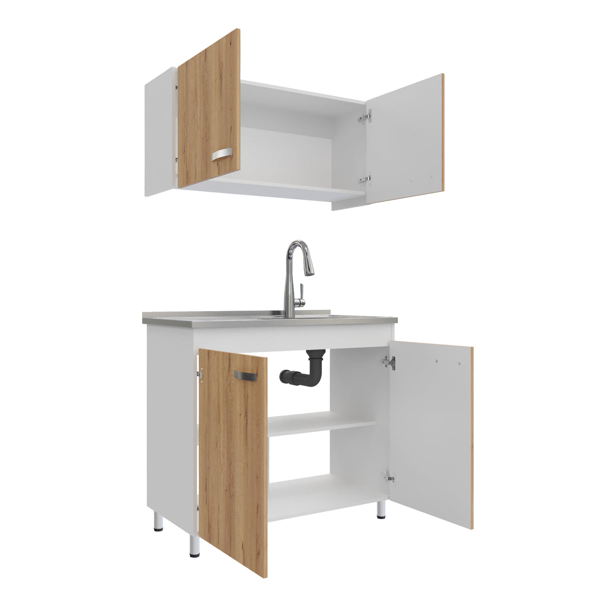 Cocina Integral Freya Blanco y Duna 100x32cm con Mesón de Acero Inoxidable para Lado Derecho y sin Estufa - COCINAS | Bylmo