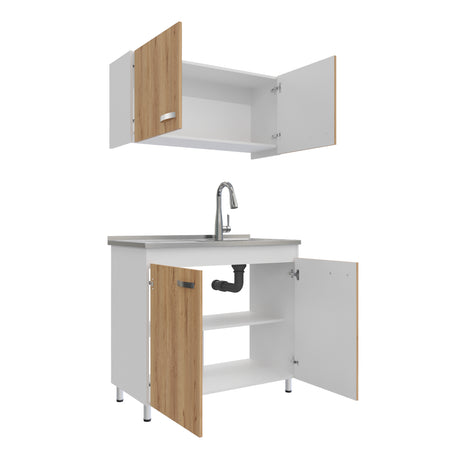 Cocina Integral Freya Blanco y Duna 100x32cm con Mesón de Acero Inoxidable para Lado Derecho y sin Estufa - COCINAS | Bylmo