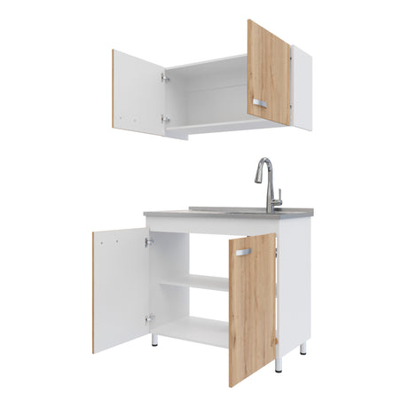 Cocina Integral Freya Blanco y Duna 100x32cm con Mesón de Acero Inoxidable para Lado Derecho y sin Estufa - COCINAS | Bylmo
