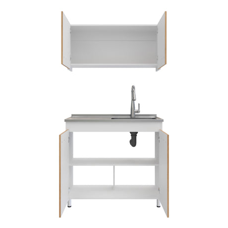 Cocina Integral Freya Blanco y Duna 100x32cm con Mesón de Acero Inoxidable para Lado Derecho y sin Estufa - COCINAS | Bylmo