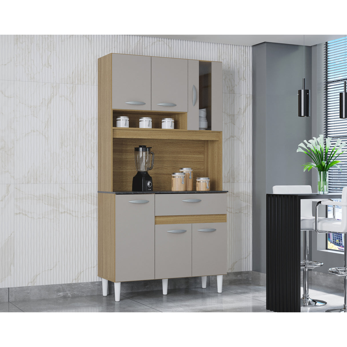 Alacena Coral Castaño y Beige 90x173cm con Un Cajón y Seis Puertas - ALACENAS Y MUEBLES MICROONDAS | Bylmo