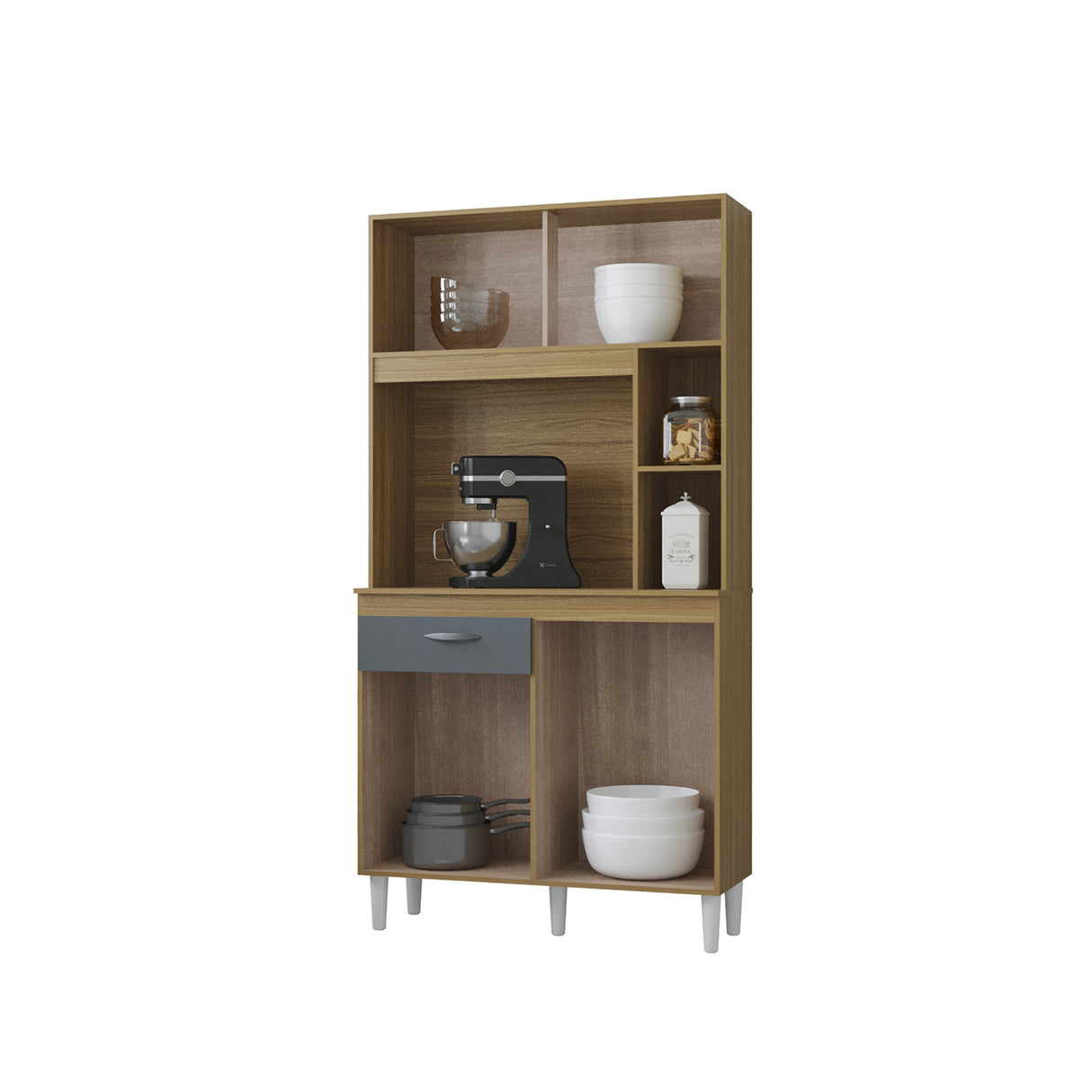 Alacena Duda Castaño y Gris 90x172cm con Un Cajón y Cuatro Puertas - ALACENAS Y MUEBLES MICROONDAS | Bylmo