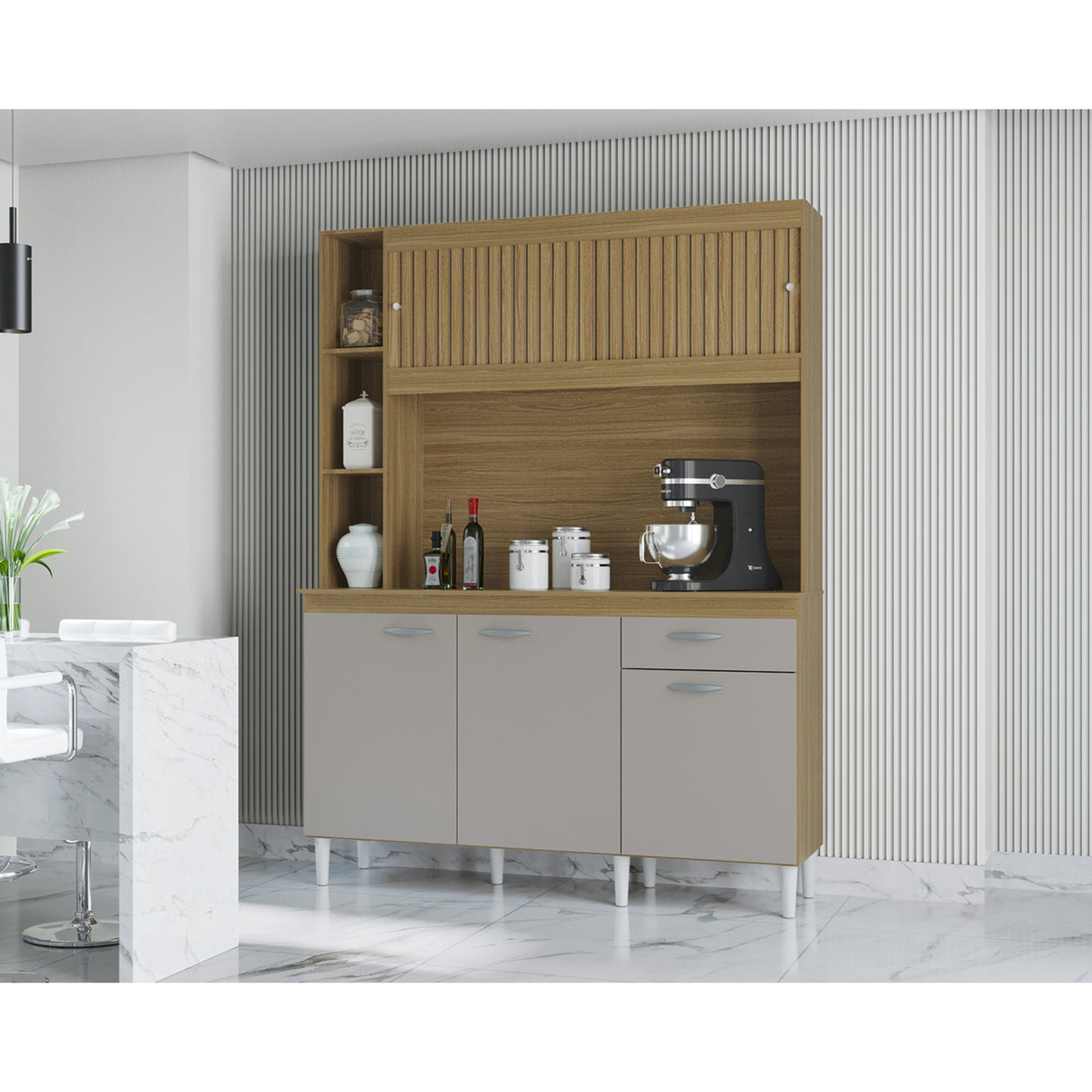 Alacena Duda Castaño y Beige 140x183cm con Un Cajón y Cinco Puertas - ALACENAS Y MUEBLES MICROONDAS | Bylmo
